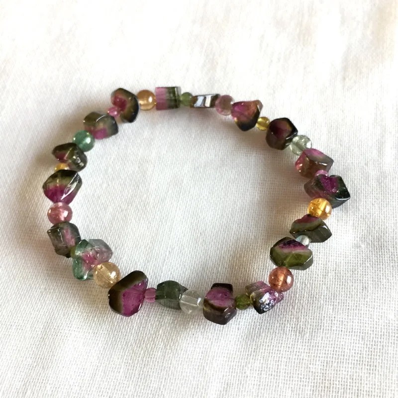 

High Quality Brazil Natural Green Pink Red Yellow Watermelon Tourmaline Multi-color Bracelet Nugget Round beads 5x7mm 05166