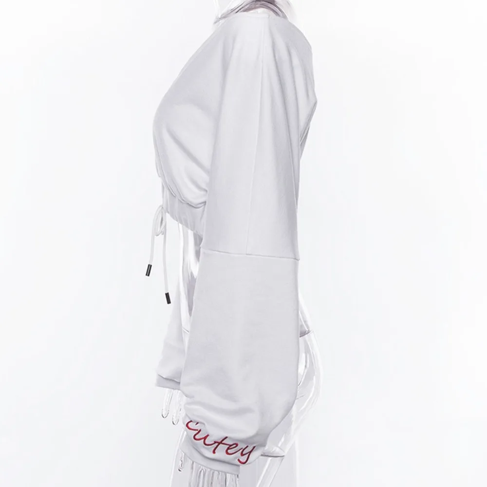 Women's White Cropped Hoodies Exercise Sweater Sexy V-neck Letter Sweatshirts Sport Fitness Running Crop Tops Harajuku Tracksuit | Спорт и