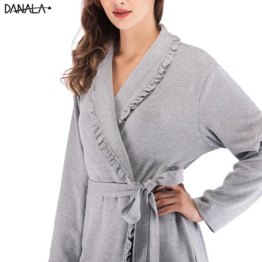 DANALA 100% Хлопковая женская одежда для сна банный халат осенний теплый длинный