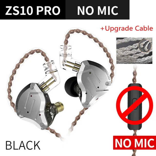 black no mic silver KZ ZS10 PRO 4BA+ 1DD гибридная Hi-Fi металлическая гарнитура наушники-вкладыши Спортивная гарнитура с шумоподавлением AS10 AS16 ZST ZSN ES4 T2 ZSX C12 - Цвет: black no mic silver