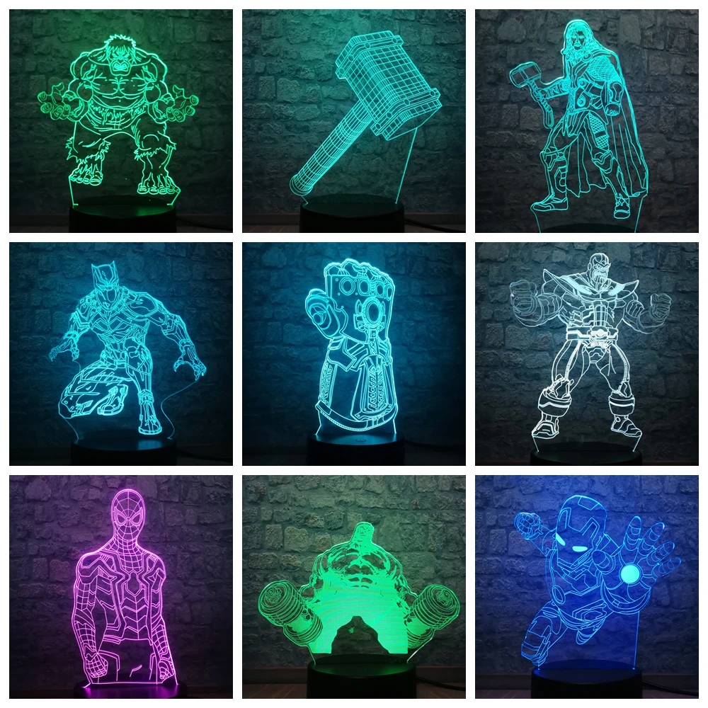 Marvel Legend Мстители Тор Тано Халк 3D светодиодный светильник на батарейках USB настольная лампа подростковый декор для детской комнаты подарок на день рождения