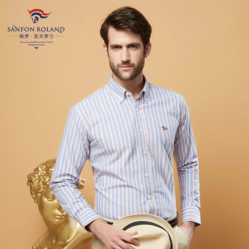 Paul spring-autumn pure cotton washed Oxford blouses men's long-sleeved striped shirts slim fit for youth leisure |