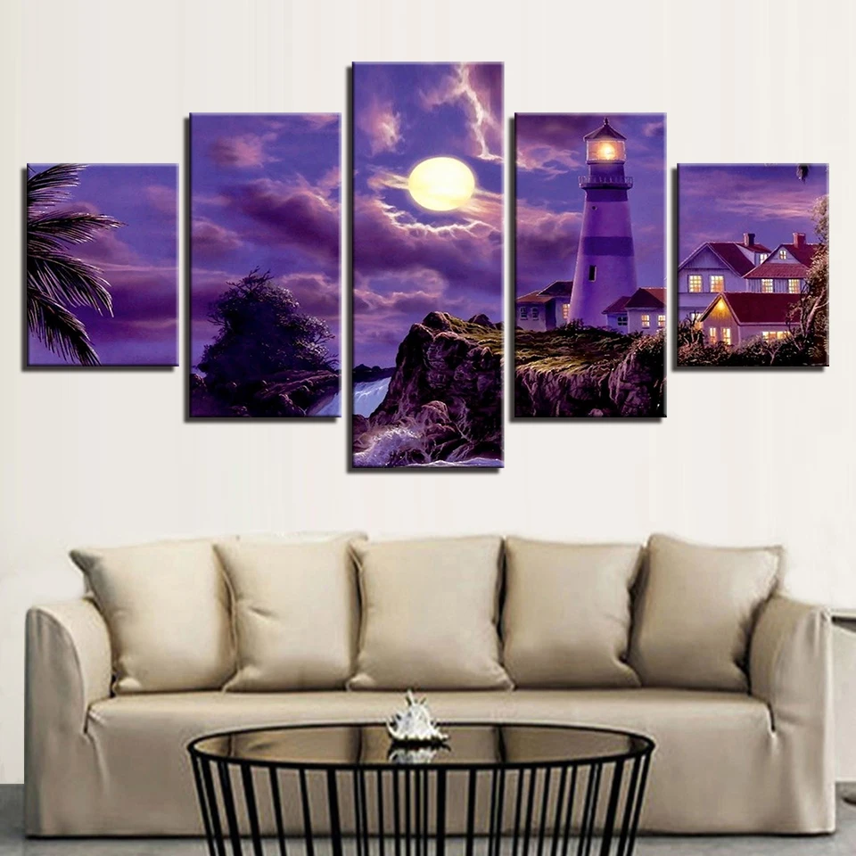 Canvas Prints Paintings Wall Art Pictures Living Room Decor 5 Piece Coastal Village House Lighthouse Moonlit Night Poster Framed | Дом и сад