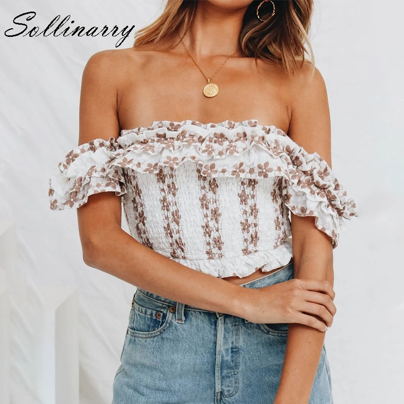 Sollinarry 2019 с открытыми плечами и принтом лето для женщин футболка пикантные