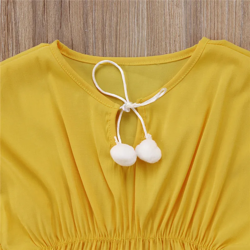 Детское пляжное платье новинка 2019 летнее с бахромой и цветами желтое розовое для