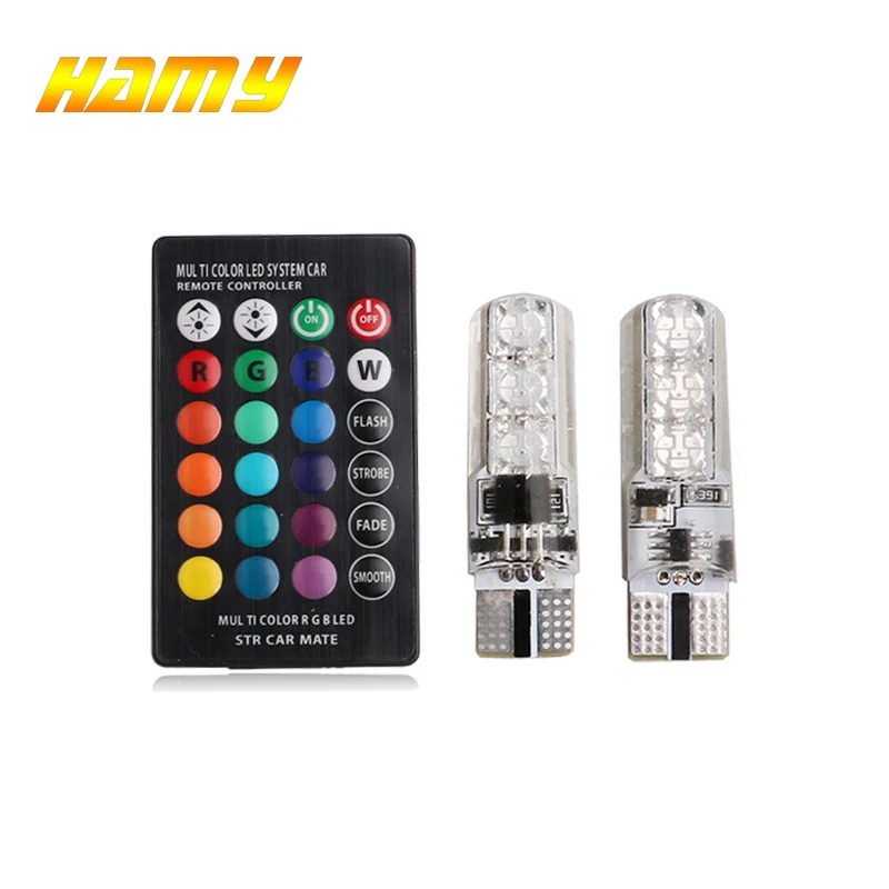 

2x Car T10 W5W LED Bulb Signal Light Remote Control RGB Interior Reading Light Auto Atmosphere Trunk Wedge Side Luggage Lamp 12V
