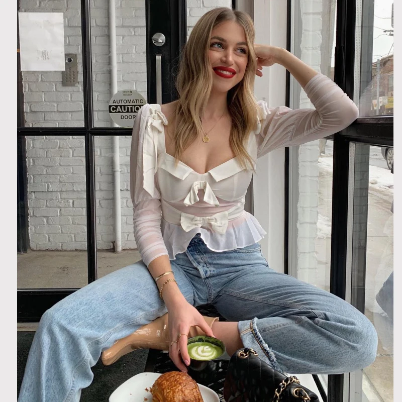 Летняя женская рубашка блузка 2019 Милая белая шелковая шифоновая с бантом