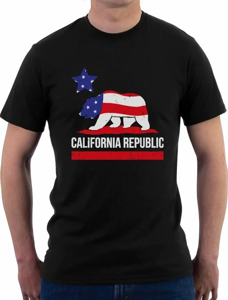 Медведь California Республика американский флаг футболка 4 июля|Мужские футболки| |