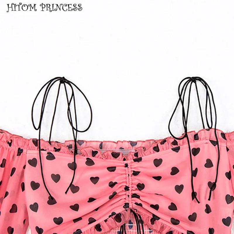 HITOM PRINCESS Off Shoulder Heart Print Crop Top Mini Skirt Chiffon 2 Piece Sets Women Two Outfits Summer Streetwear Party | Женская