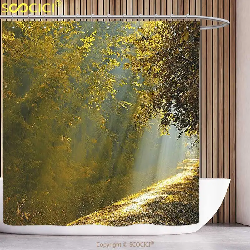 

Забавная занавеска для душа, природа, лес, полоса, освещение от солнца, Осенние листва деревьев, Осенний лесной пейзаж, оливковый зеленый