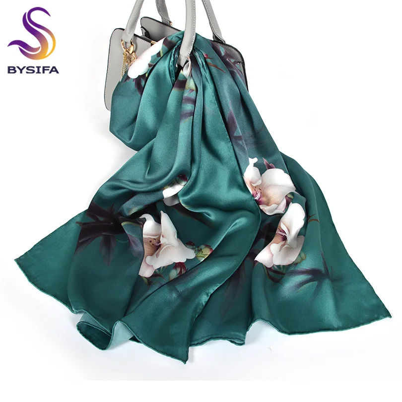 dark green CZP1902 BYSIFA роскошный шарф из чистого шелка, шаль для женщин, темно-зеленый цветочный длинный шарф, модный бренд, шелк, шейный шарф, 175*52 см - Цвет: dark green CZP1902