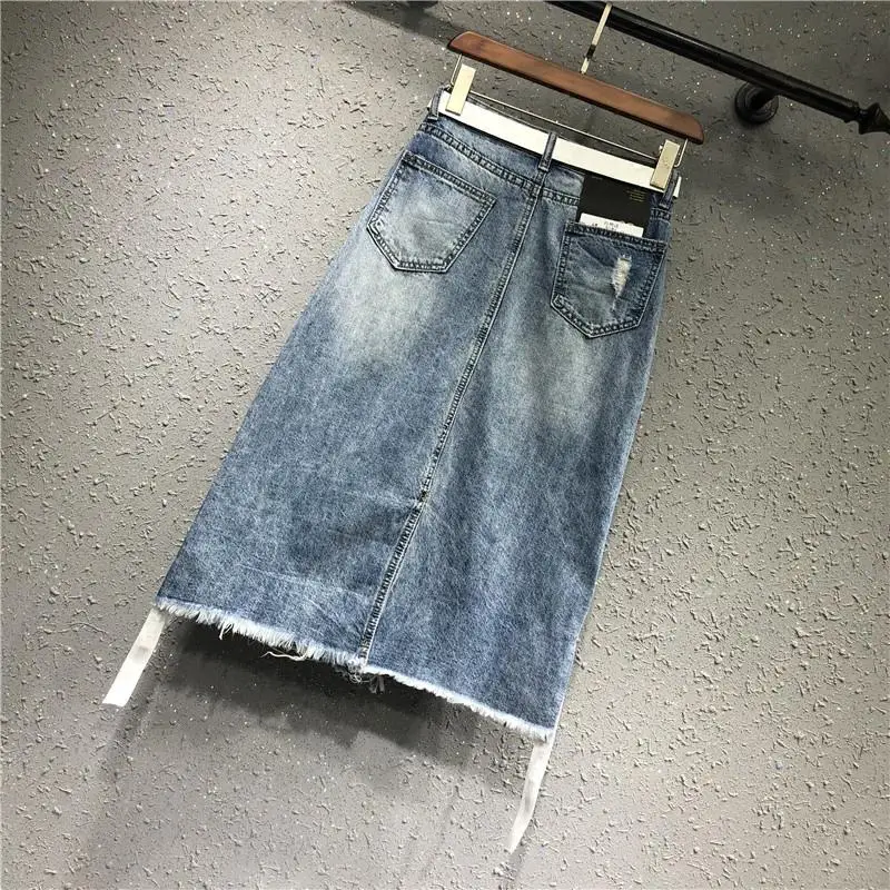 2018 Новый high street Женщины Юбки Леди Мода отверстия Империя синий деним до колен