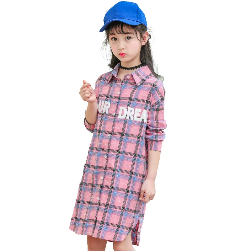 Платье для девочек 4 14 лет весна осень 2018 клетчатое платье рубашка с длинным