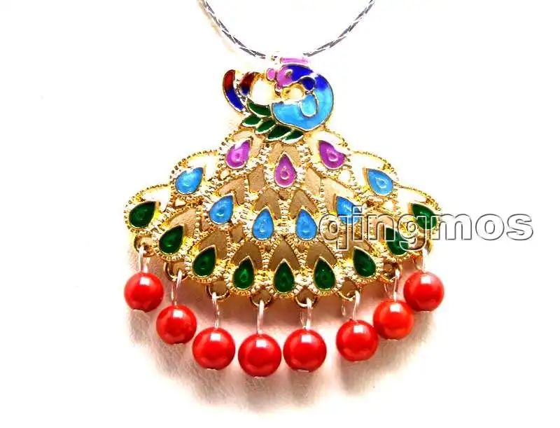 

New Fashion Gorgeous Big 40mm Multicolor Peafowl Pendant with 5mm Red Coral 17" necklace Free silver plated chain -nec5887