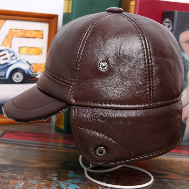 SILOQIN Genuine Leather Hat Winter Men's Warm Plus Velvet Thick Bomber Hats Cowhide Earmuffs Caps For Men New Brands Dad Cap
