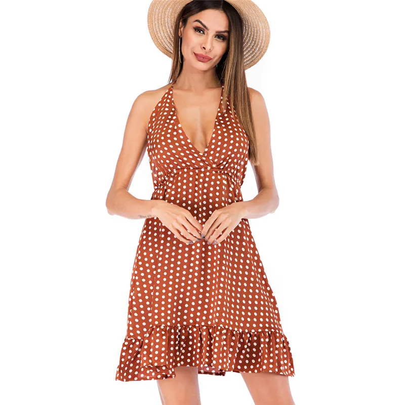 Женское Короткое платье миди с принтом в горошек повседневное пляжное лямкой на