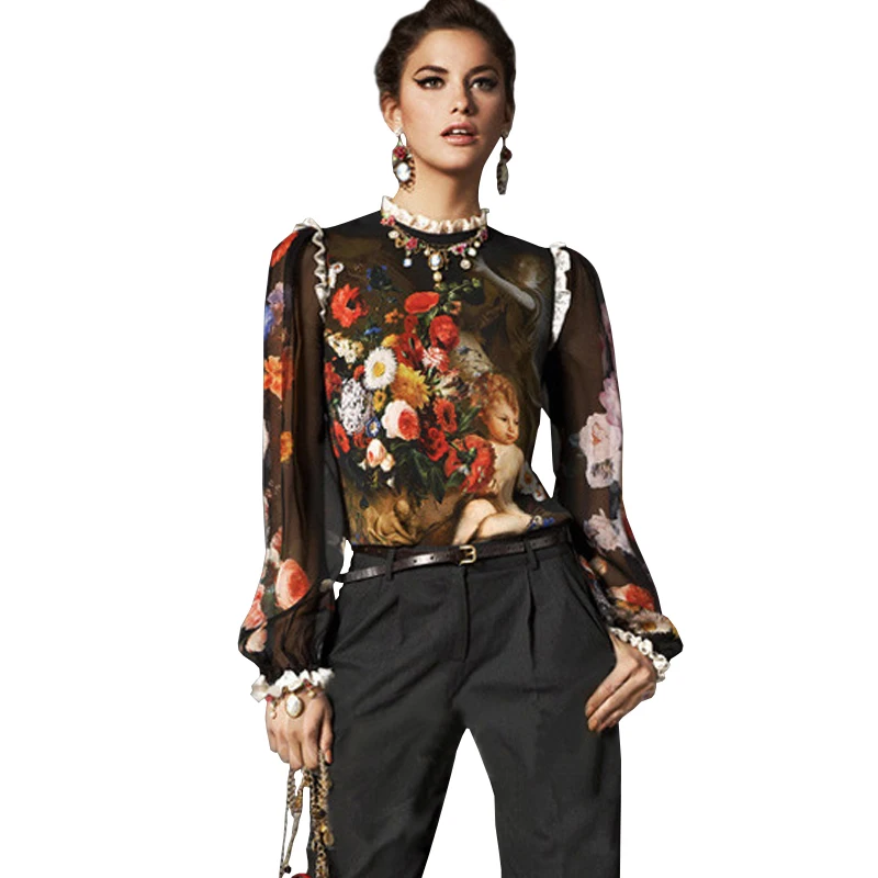 Женская тонкая рубашка с длинным рукавом и принтом |