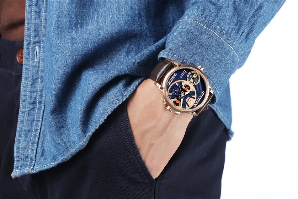 Relogio masculino GUANQIN Роскошные Мужские Спорт Множественный часовой пояс Многофункциональный Кварцевые часы классические мужские ретро кожа наручные часы