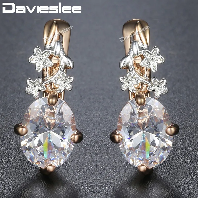 Davieslee овальные серьги-гвоздики с цветами для женщин, проложенные прозрачными фианитами 585, белое золото, застежка-защелка, женские модные ювелирные изделия LGE77
