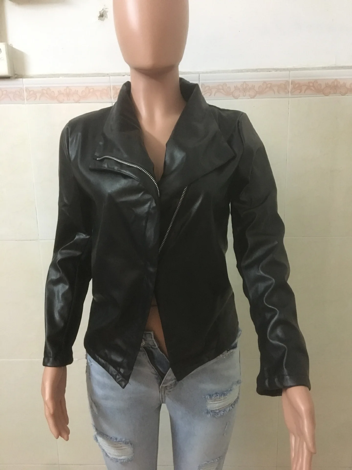 Autumn New Zipper Motorcycle Jacket Women Irregular Large Lapel Pu Black White Leather Jacket Casual Faux Leather Jackets