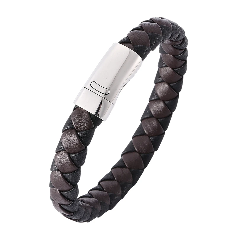 

Vintage Men Jewelry Black Brown Mixed Woven Leather Cord Bracelet Stainless Steel Magnetic Clasp Men Punk Bracelet Bangles PW759