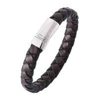 vintage men jewelry black brown mixed woven leather cord bracelet stainless steel magnetic clasp men punk bracelet bangles pw759