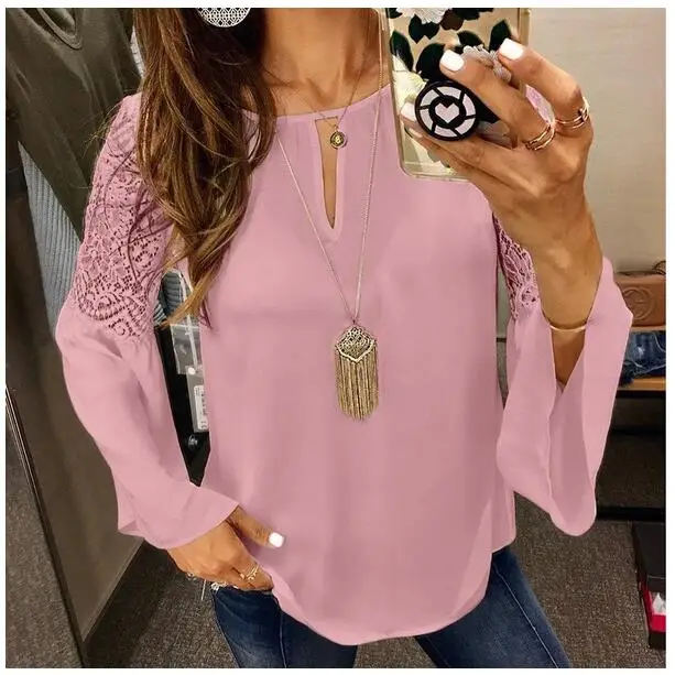 5XL Женские шифоновые блузки кружево лоскутное с расклешенными рукавами Blusas