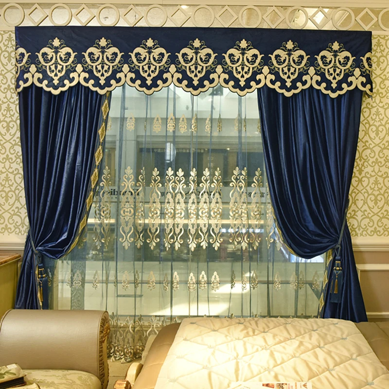 

Custom curtains thick luxury European solid blue color French cotton flannel embroidery blackout curtain tulle valance N189