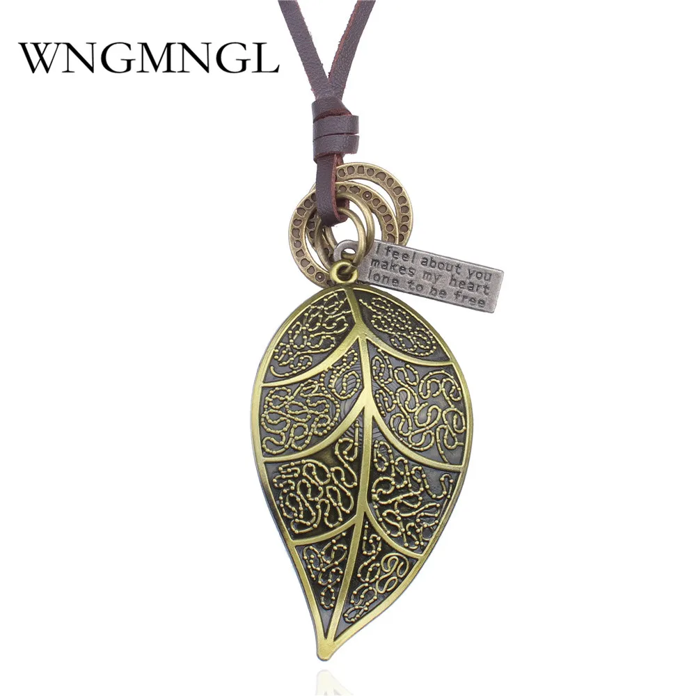 

WNGMNGL 2018 Female Pendant Necklace New Unisex Vintage Antique Bronze Leaf Leather Rope Dangle Necklace Choker Fashion Jewelry