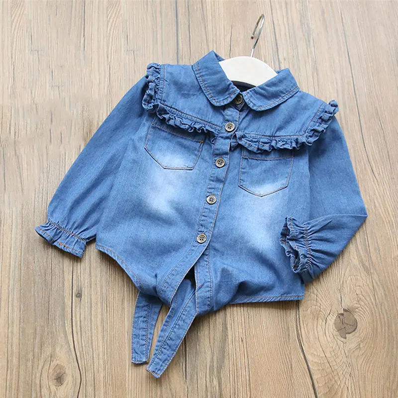 Navy Blue Летняя рубашка; хлопковая одежда для девочек; Повседневная Джинсовая блузка с оборками; топы с длинными рукавами для маленьких девочек; детская верхняя одежда; сезон весна - Цвет: Navy Blue