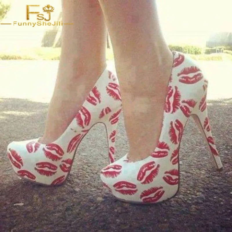 

FSJ White and Red Lips Print Platform Women Pumps Sexy Stiletto Heel Slip on Party Prom Date Ladies Fashion Shoes 2022 Spring