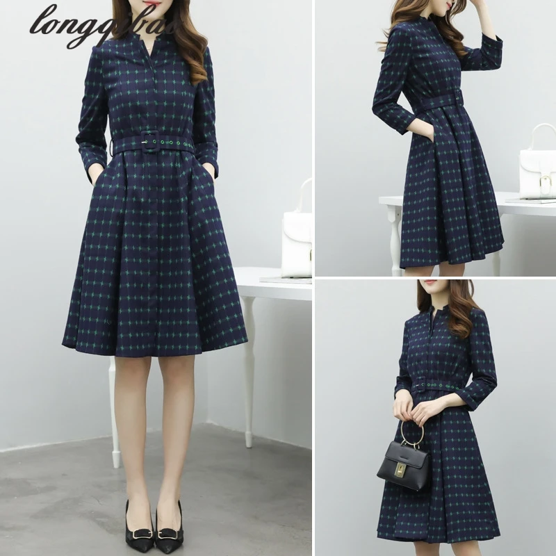 Платье в клетку с высокой талией и рукавами европейском американском стиле AL7427