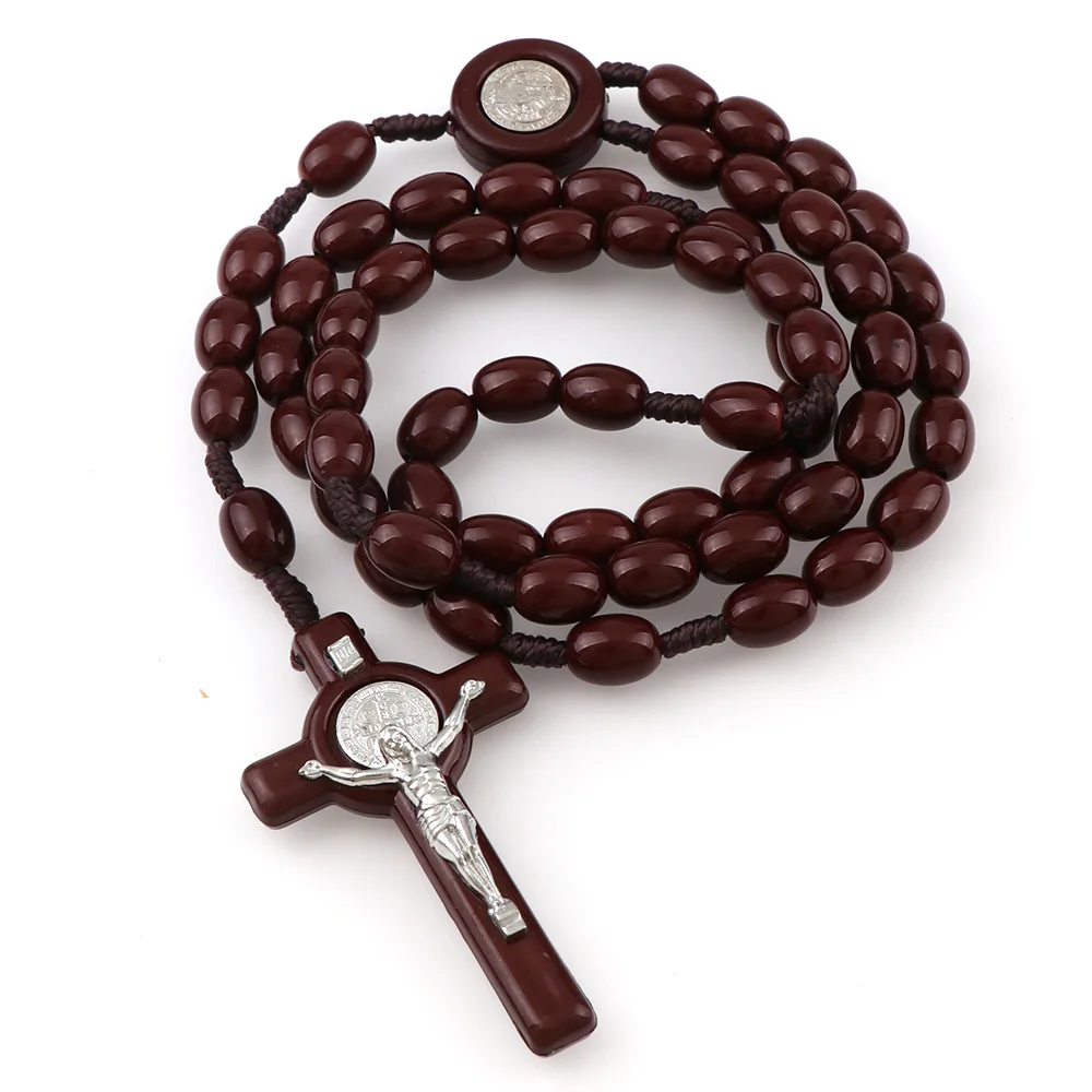 

2 Color Resin Beads Cord Rosary Necklace St Benedict Medal Jesus Cross Pendant Necklace Catholic Fashion Religious jewelry