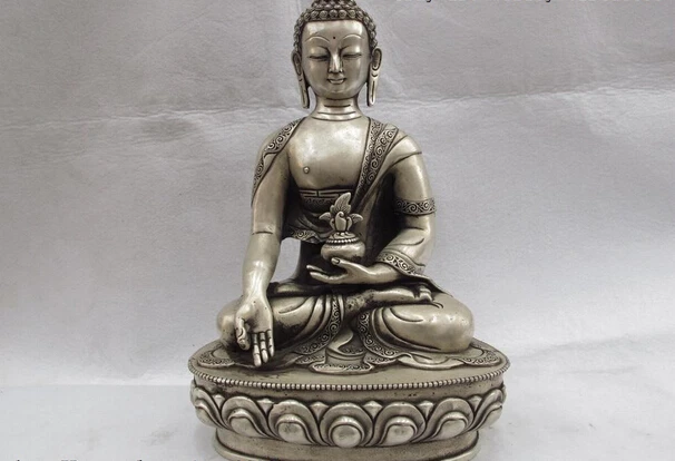 

song voge gem S0800 13.5 Buddhism temple White Copper Silver Sakyamuni Tathagata Rulai Buddha Statue
