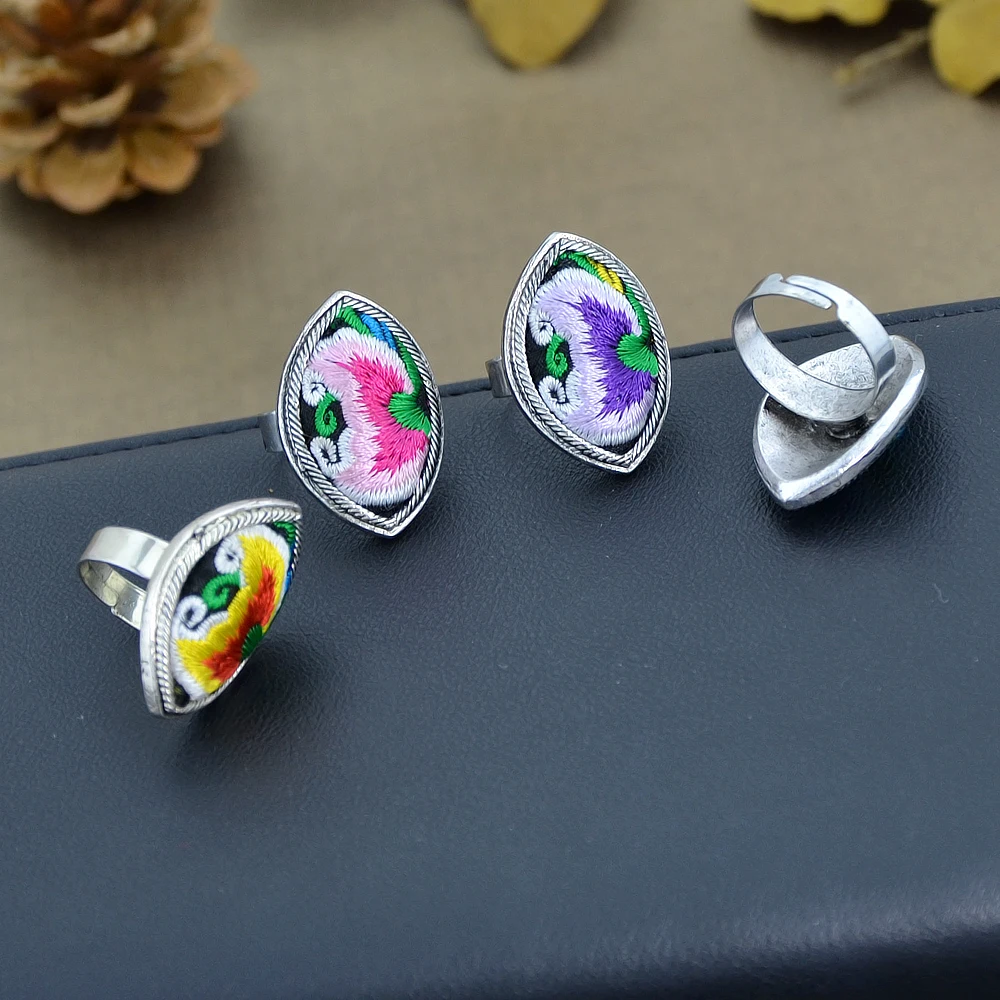 Ethnic Boho Rings Antique Silver Color with Flower Pattern Geometric Handmade Colorful Embroidery Jewelry For Women Bijoux | Украшения и