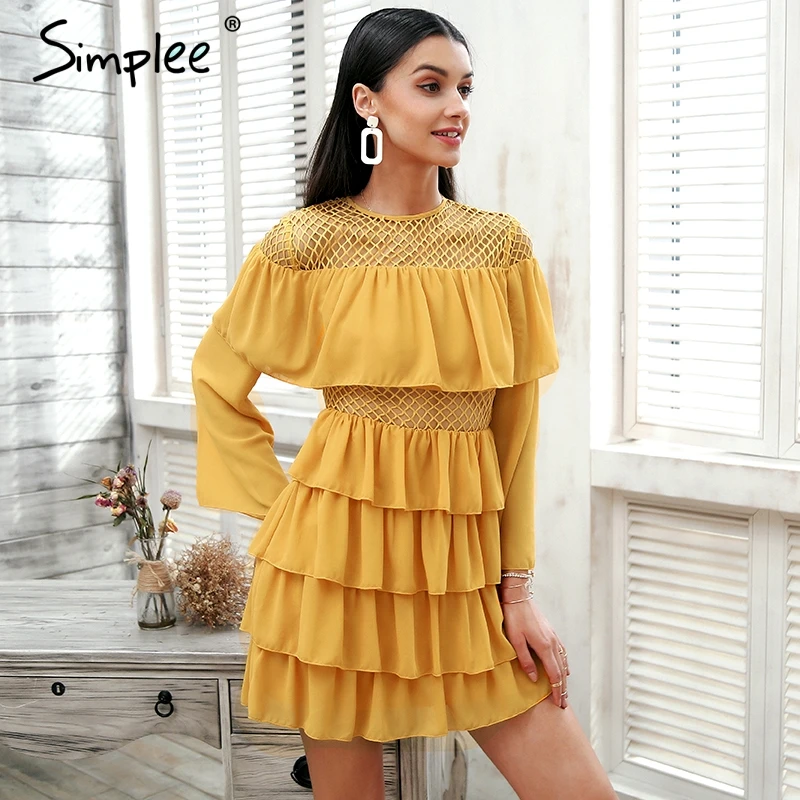 Simplee рюшами из сетчатого материала летнее платье Для женщин рукав фонарик