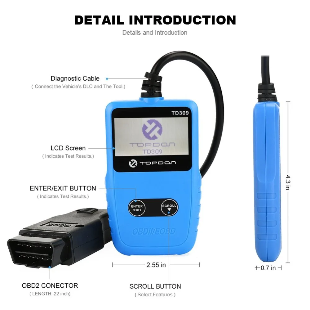 TOPDON OBD2 сканер TD309 автомобильный код для считывания кодов для DTCs, светильник для проверки двигателя, стоп-рамка, автомобильный диагностический инструмент