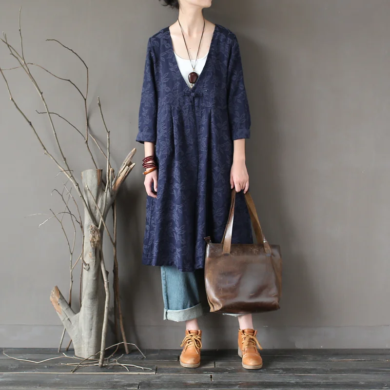 Navy blue Johnature, Женский жаккардовый Тренч, китайский стиль, весна, новинка, на пуговицах, полный рукав, v-образный вырез, кардиган, Ретро стиль, пальто с карманами, Тренч - Цвет: Navy blue