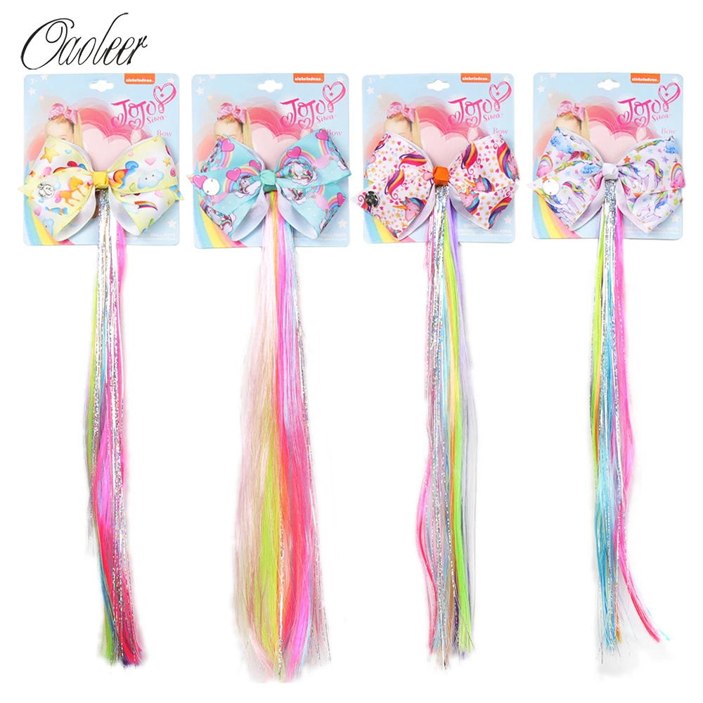

1 шт. 5-дюймовые бантики для волос для девочек, вечерние корсажная лента с рисунком единорога, ручки для волос с радужными блестящими парикам...