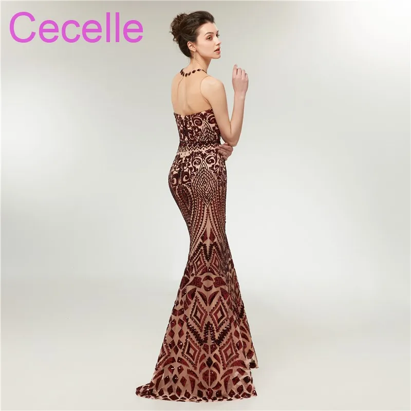 2019 бордовый блёстки Русалка Длинные вечерние платья без рукавов для женщин