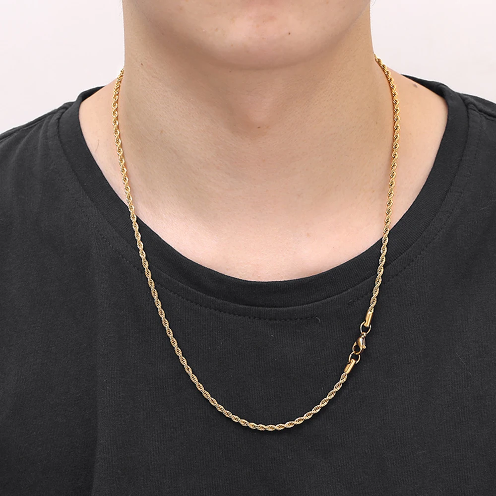 Men Women Hip Hop Rapper's Twist Chain 3mm 24&quot Stainless Steel Gold Silver Color Rope Link Clavicle Necklace Fashion Jewelry |
