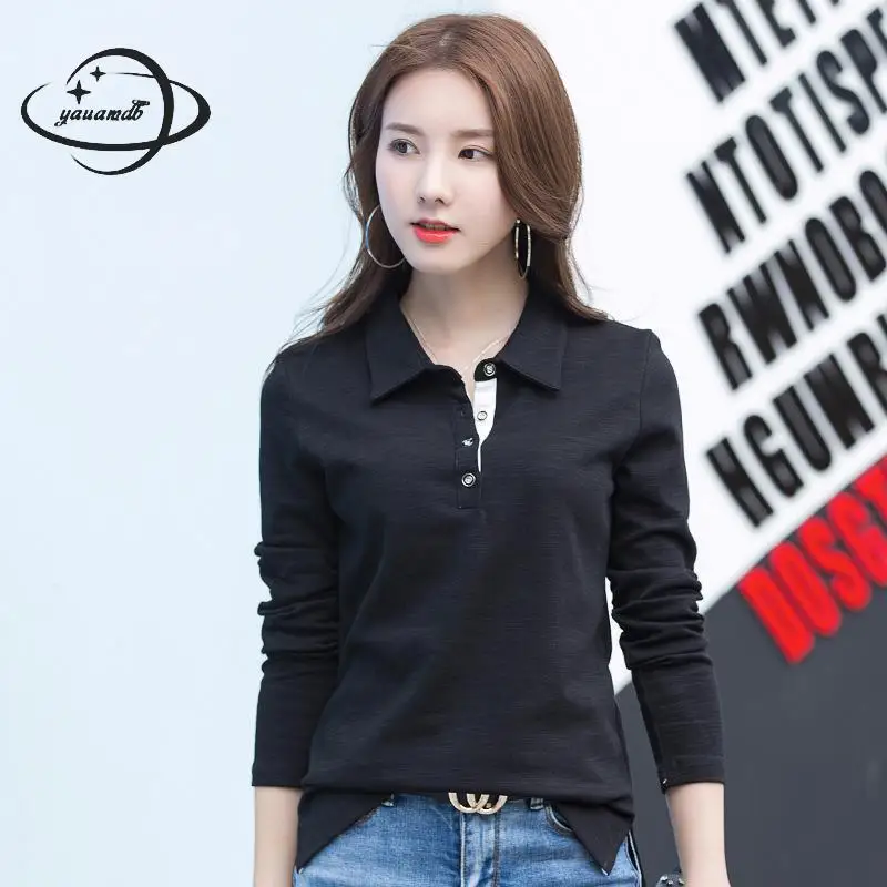 

Women Polo Shirts Autumn&Spring M-4xl Long Sleeve Female Tops Tees Clothing Turn-down Collar Solid Plus Size Ladies Clothes Y54