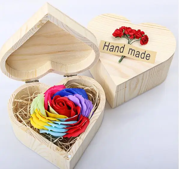 

1set 2.5" Multicolor Rose Flower Soap With Heart Wood Box For Wedding Party Birthday Souvenirs Gifts Favor Home Decoration