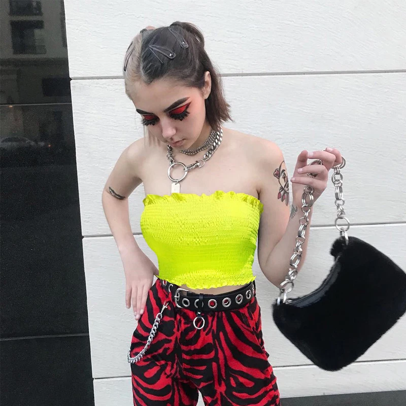 Женский топ без бретелек Fitshinling с рюшами неоновый Топ модная уличная одежда