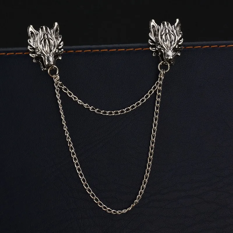 Terreau Kathy Real Shooting Free Shipping Metal Pin Double Wolf Head Men Brooch Silver Plated Chain Collar Brooches For Women | Украшения и