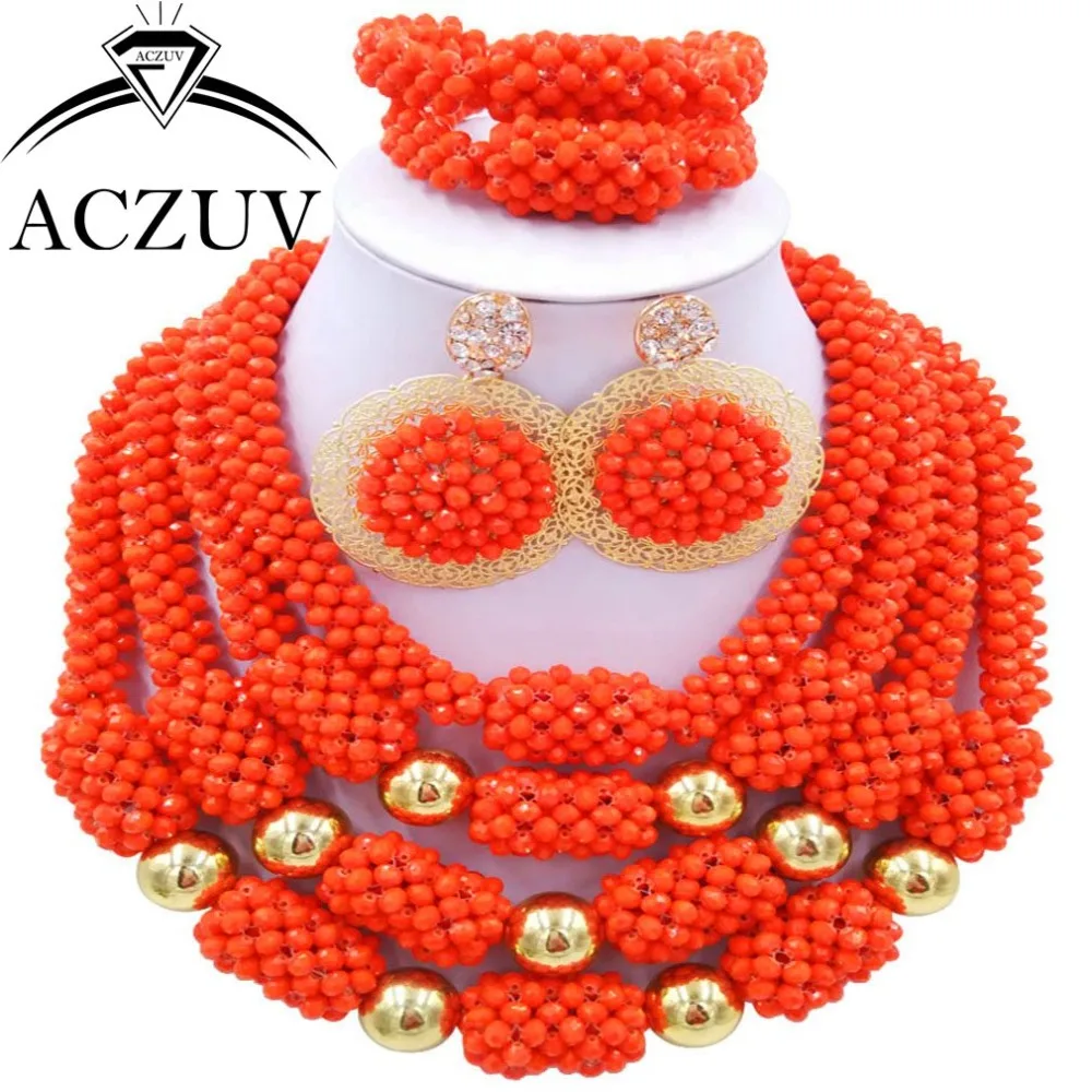 

Orange Coral Color Crystal Nigerian Wedding African Beads Jewelry Set Luxury AN006