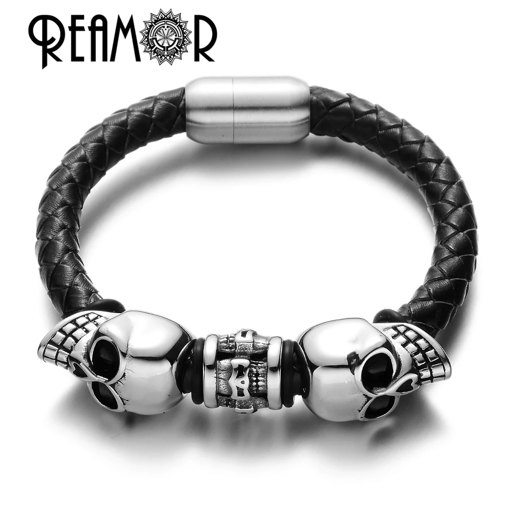Мужской браслет из натуральной кожи с черепом в стиле панк|bracelet magnetic clasp|leather charm