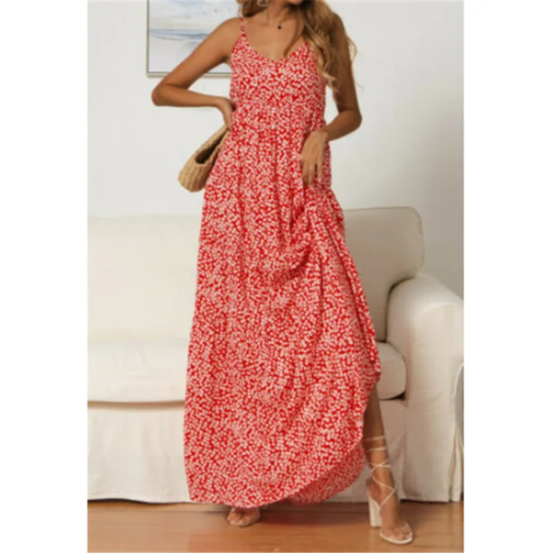 Summer Beach Long Dress Women Floral Print Boho Red Blue Maxi Casual V-Neck Sexy Spaghetti Strap Dresses For | Женская одежда