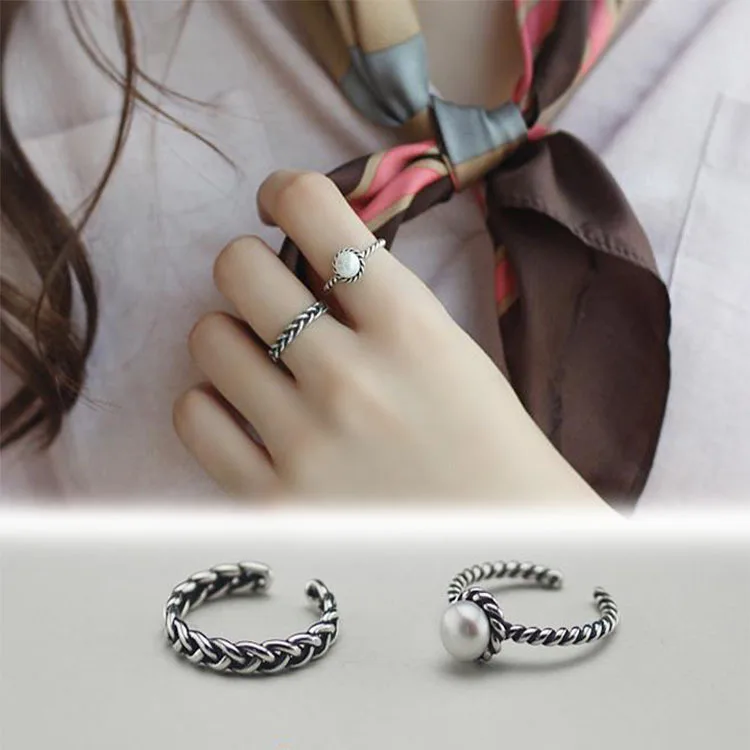 Винтажное серебряное плетеное кольцо с имитацией жемчуга регулируемое простое