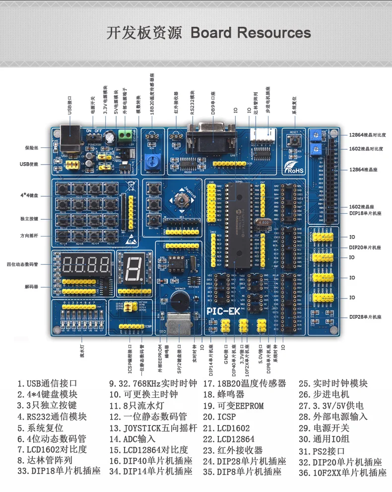 PIC MCU обучающая макетная плата PIC-EK с PIC16F877A